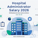 Hospital administrator salary 2026 featured image with illustrated hospital icons global comparison and healthcare management salary growth concept