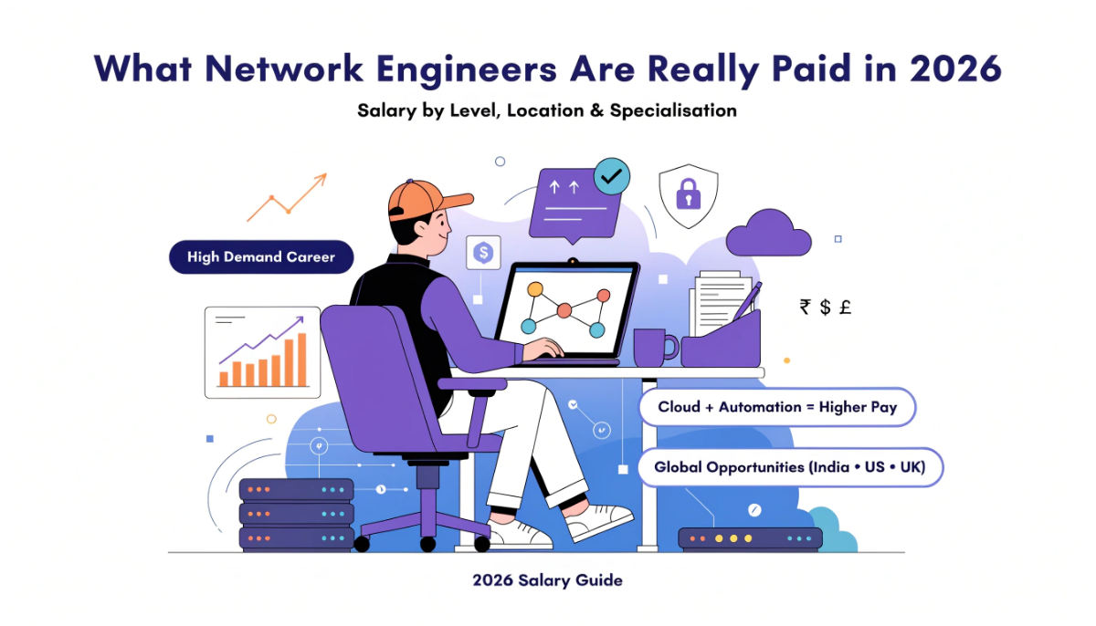 Network engineer salary 2026 featured image showing global pay trends networking infrastructure cloud systems and career growth opportunities