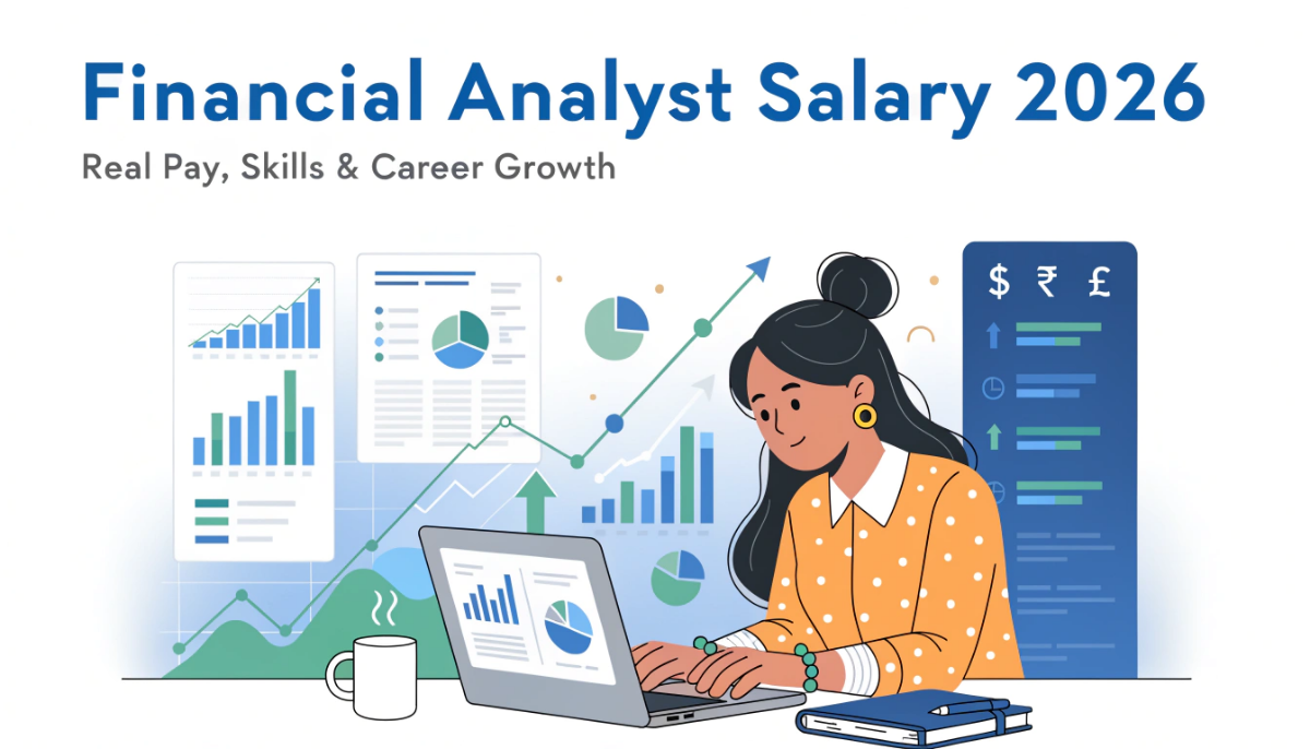 Featured image showing financial analyst salary 2026 with charts, global elements, and a professional analyst workspace representing salary growth and career progression.