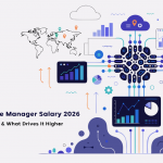 Illustration of data science manager salary 2026 showing global salary comparison across India, US, and UK with AI dashboards, growth charts, and data analytics elements