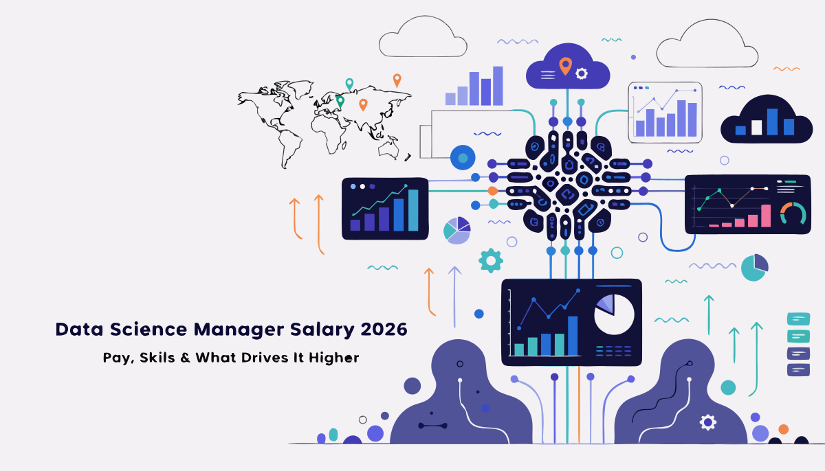 Illustration of data science manager salary 2026 showing global salary comparison across India, US, and UK with AI dashboards, growth charts, and data analytics elements