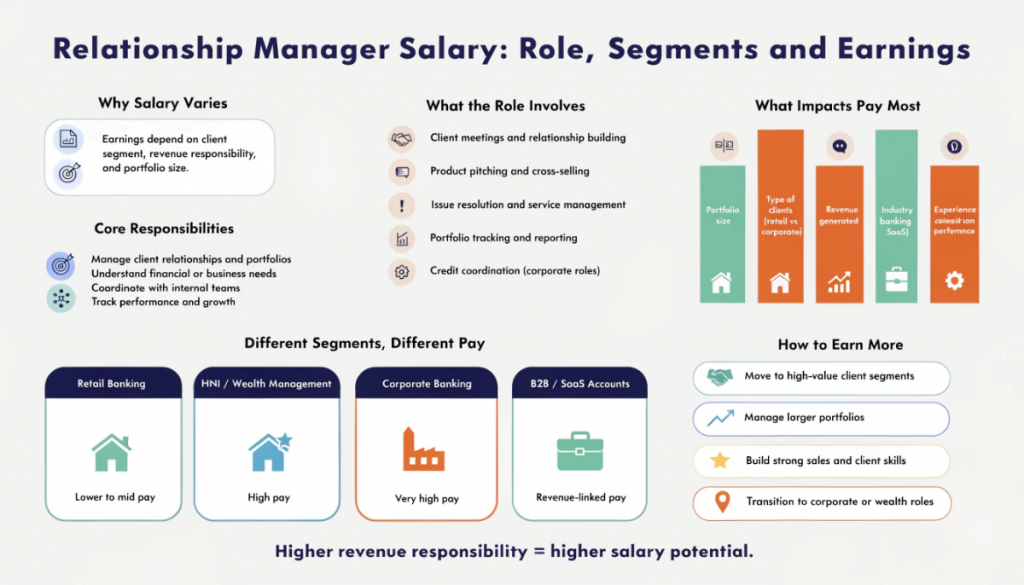 Infographic showing relationship manager role, responsibilities, different segments like retail, corporate and wealth management, and key factors that influence salary growth.