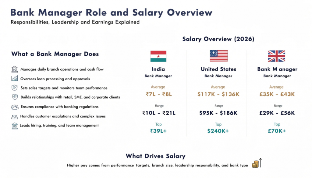 bank manager responsibilities and salary in India, the United States and the United Kingdom including operations management, team leadership, compliance duties and salary ranges across experience levels.