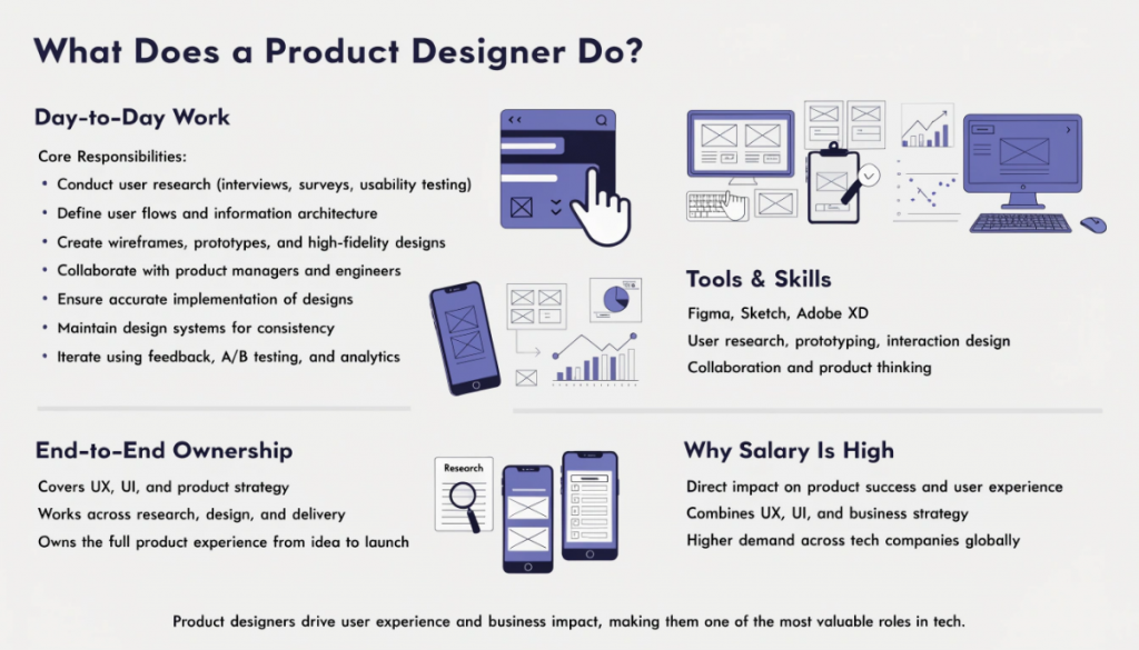 Infographic showing factors that increase product designer salary including company type, portfolio, design tools and communication skills