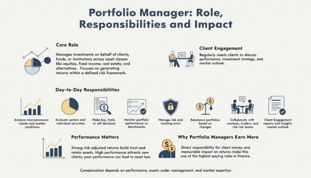 Portfolio manager role and responsibilities infographic showing investment decisions, risk management, client communication and daily tasks in finance