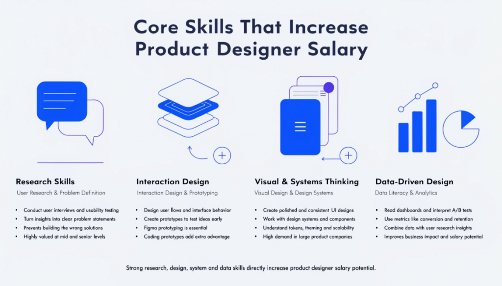 Infographic showing key skills that increase product designer salary including research, interaction design, visual design and data analysis
