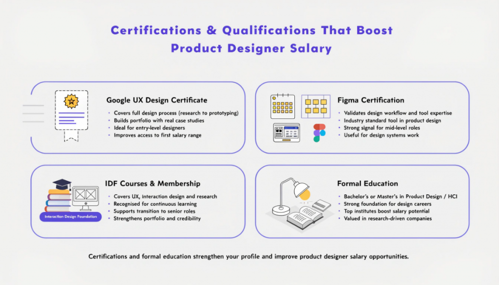 Infographic showing certifications that increase product designer salary including Google UX, Figma, IDF and design degrees