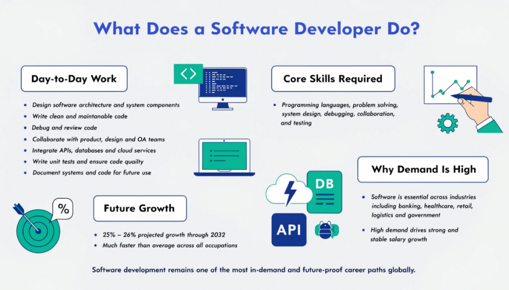 Infographic explaining what a software developer does including responsibilities, skills, industry demand, and job growth outlook”