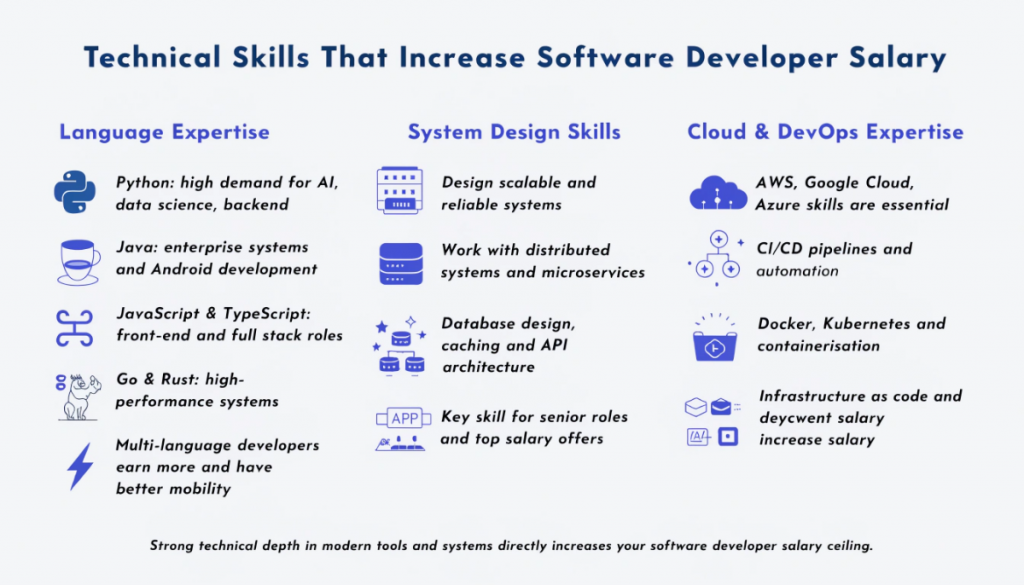 Infographic showing technical skills that increase software developer salary including programming languages, system design, and cloud DevOps