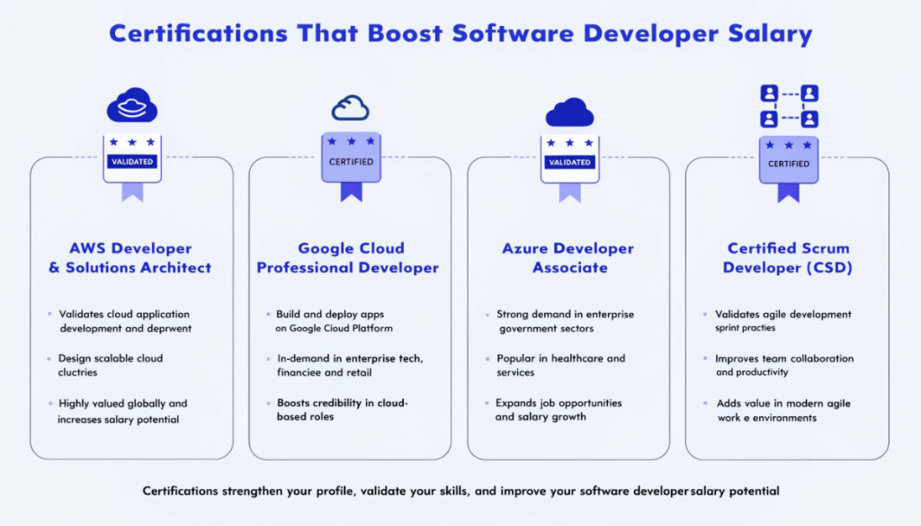 Infographic showing certifications that increase software developer salary including AWS, Google Cloud, Azure and Scrum