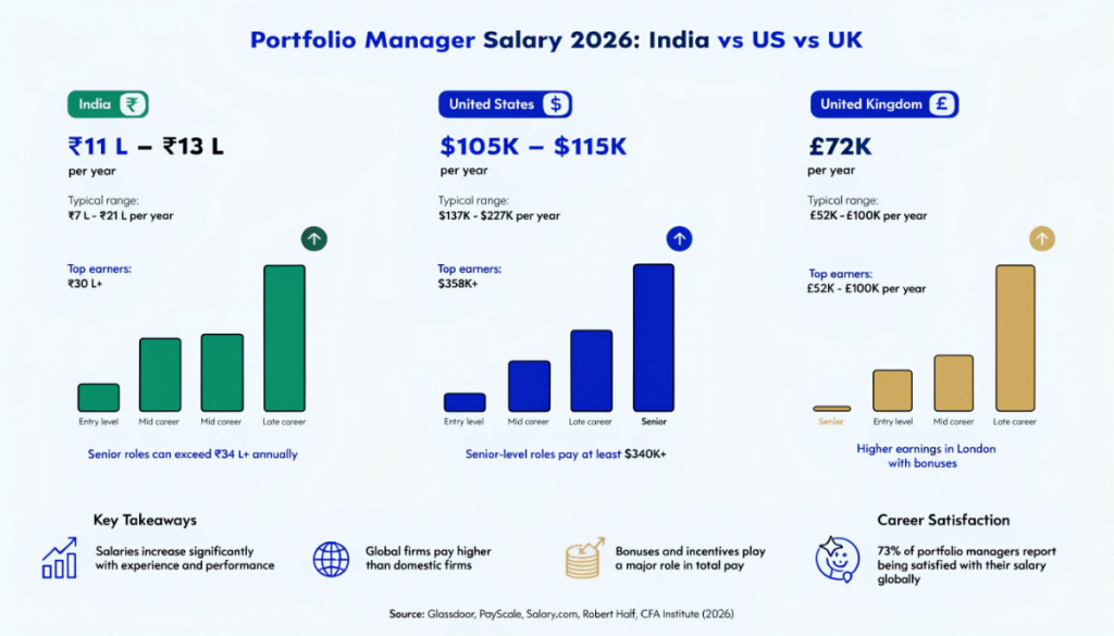 Portfolio manager salary comparison 2026 India vs US vs UK infographic with average pay ranges and top earnings in finance