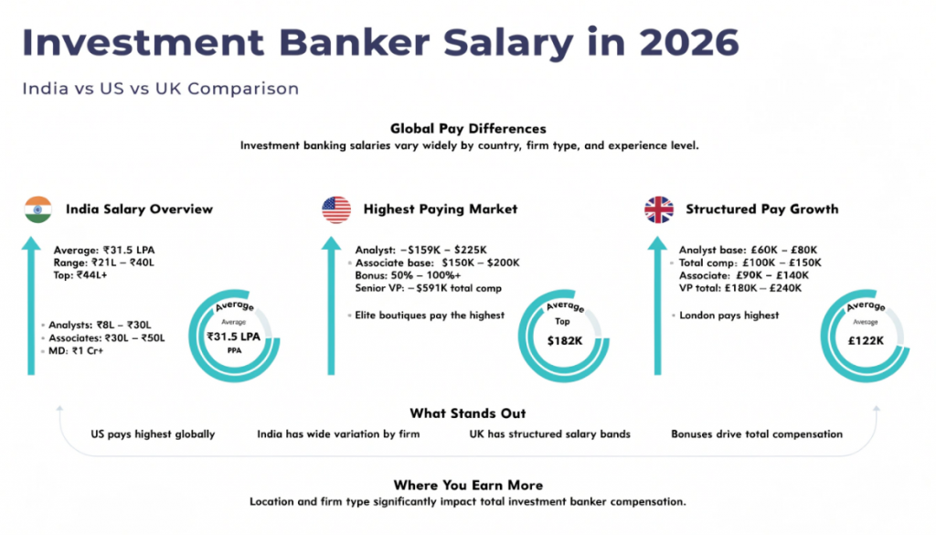 Infographic comparing investment banker salary across India, the US and the UK, highlighting differences in base pay, bonuses and total compensation by level.