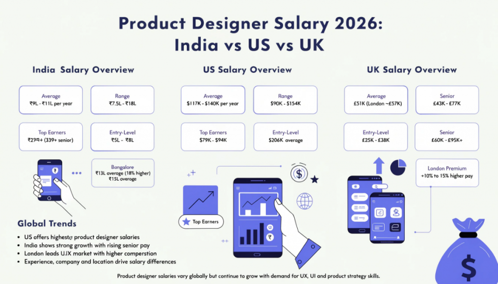 Infographic showing product designer salary progression from entry to senior level across India, US and UK
