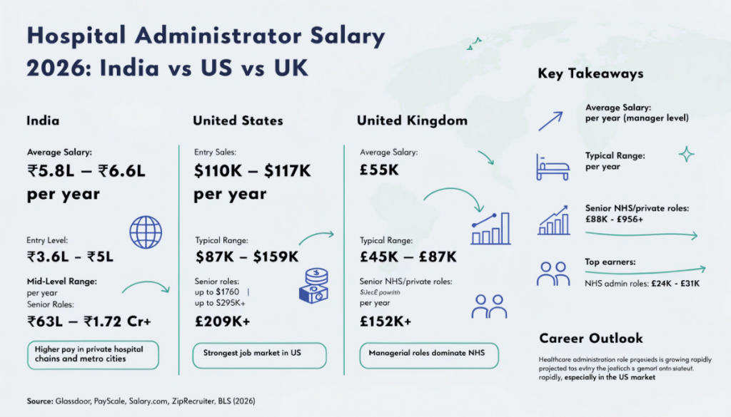 Hospital administrator salary 2026 infographic comparing India US UK with average pay ranges and healthcare management career insights