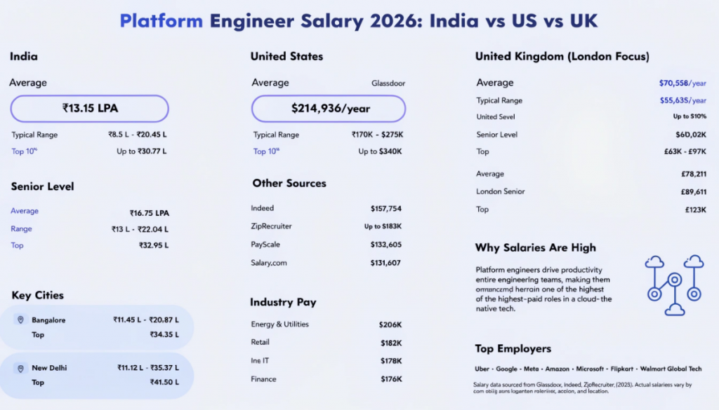 Platform engineer salary comparison 2026 across India United States and United Kingdom with average pay and ranges