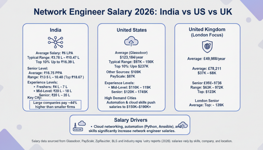 Network engineer salary 2026 comparison infographic across India United States and United Kingdom
