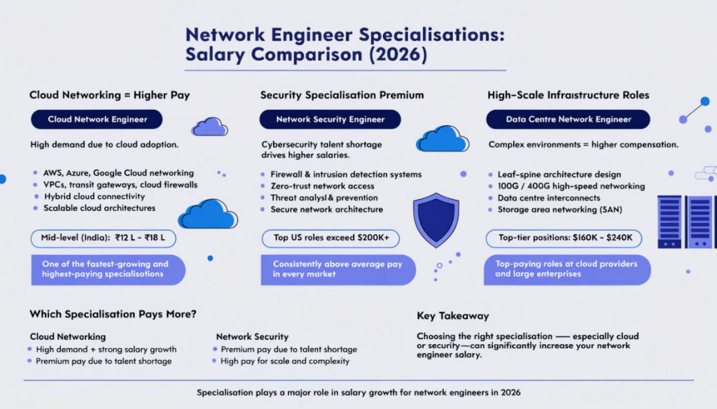 Network engineer specialisations infographic comparing cloud networking security and data center roles with salary impact