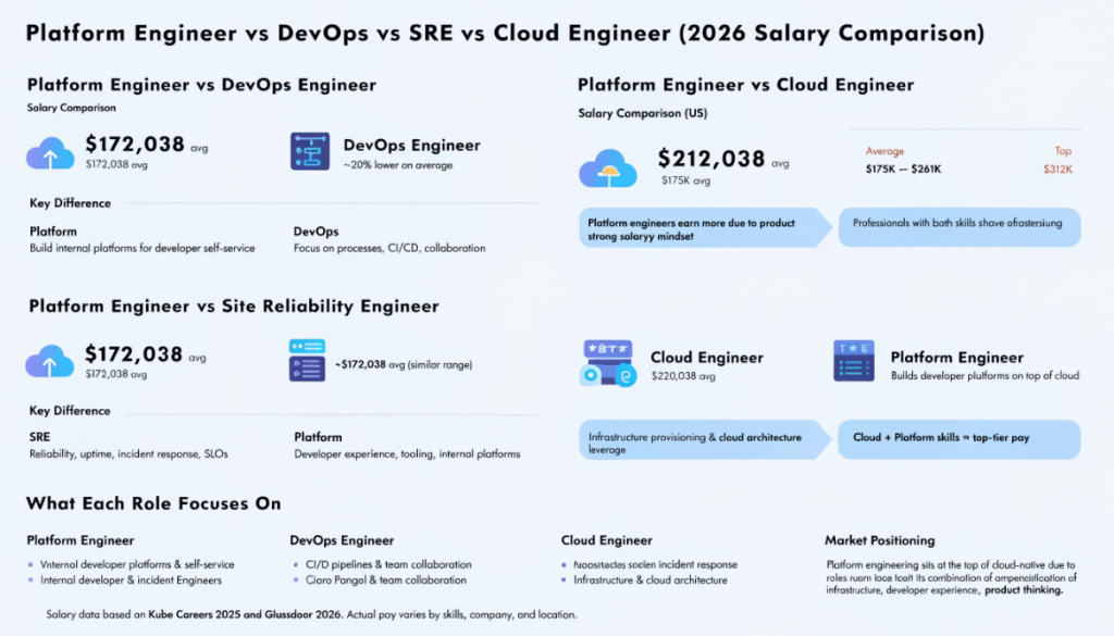 Platform engineer vs DevOps vs SRE vs cloud engineer salary comparison infographic with role differences