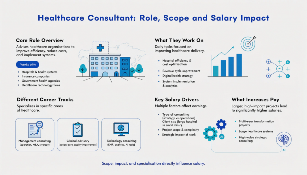 Infographic explaining healthcare consultant roles, types of consulting, daily responsibilities, and key factors that influence salary variation.