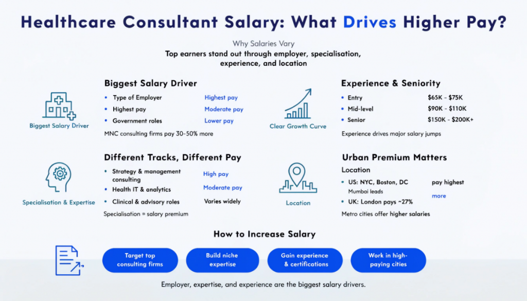 Infographic showing factors that influence healthcare consultant salary, including employer type, specialisation, experience level, and location-based salary differences.