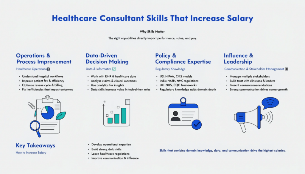 Infographic showing key skills that increase healthcare consultant salary, including operations, data analysis, regulatory knowledge, and communication skills.