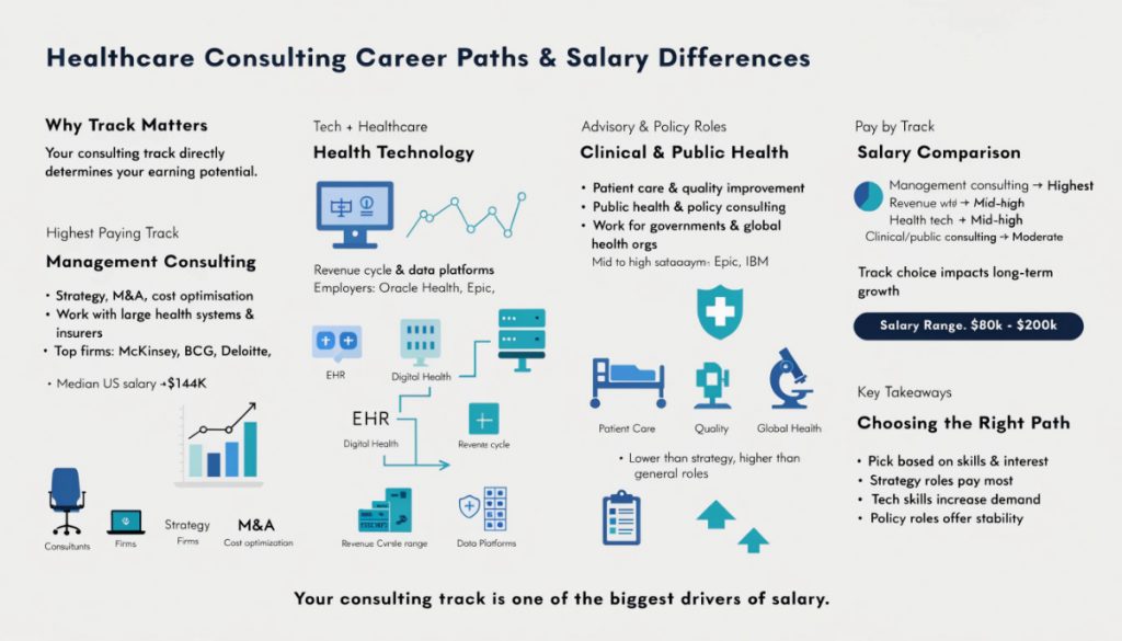 Infographic showing different healthcare consulting career paths and how they impact salary, including management consulting, health technology, and clinical advisory roles.