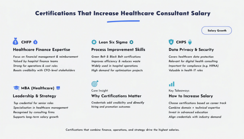 Infographic showing certifications that increase healthcare consultant salary, including CHFP, Lean Six Sigma, CHPS, and MBA in healthcare management.