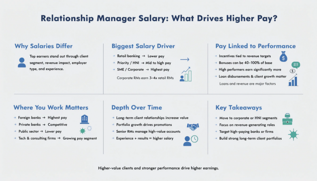 Infographic showing key factors that influence relationship manager salary, including client segment, revenue performance, employer type, and experience level.
