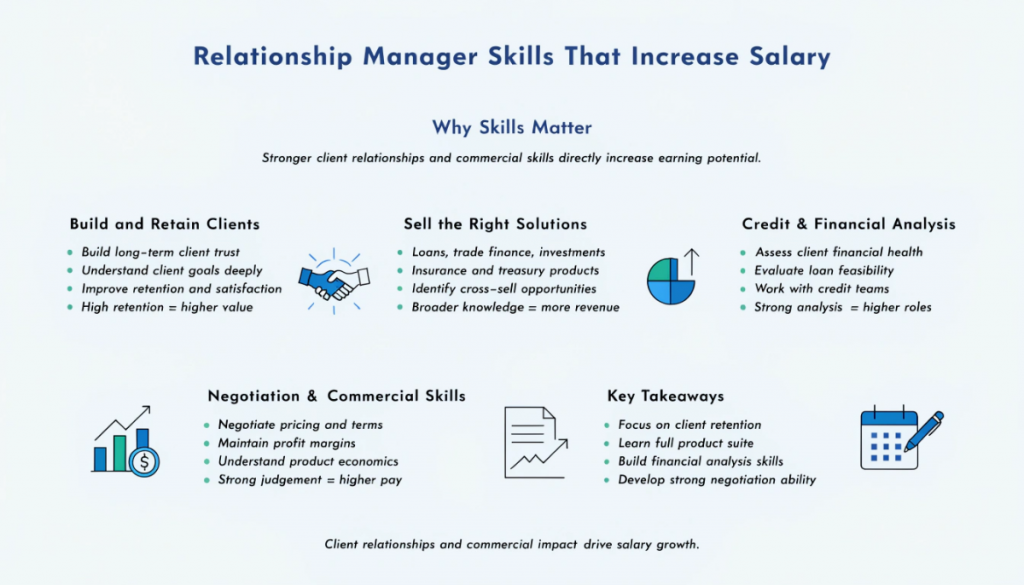 Infographic showing key skills that influence relationship manager salary, including client relationship building, product knowledge, financial analysis, and negotiation skills.