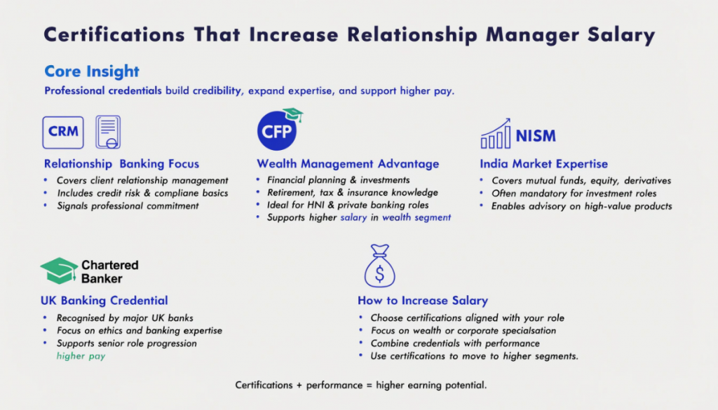 Infographic showing certifications that improve relationship manager salary including CRM, CFP, NISM, and Chartered Banker qualifications.