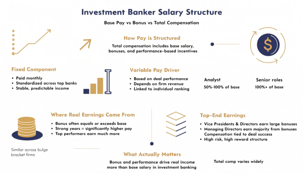 Featured image showing investment banker salary structure with base pay and bonus breakdown, highlighting performance-based compensation and total earnings growth in investment banking.