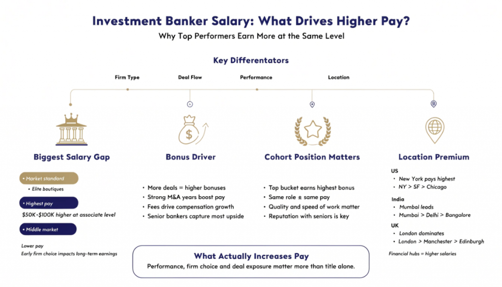 Infographic showing key factors affecting investment banker salary including firm type, deal flow, performance ranking and location differences.