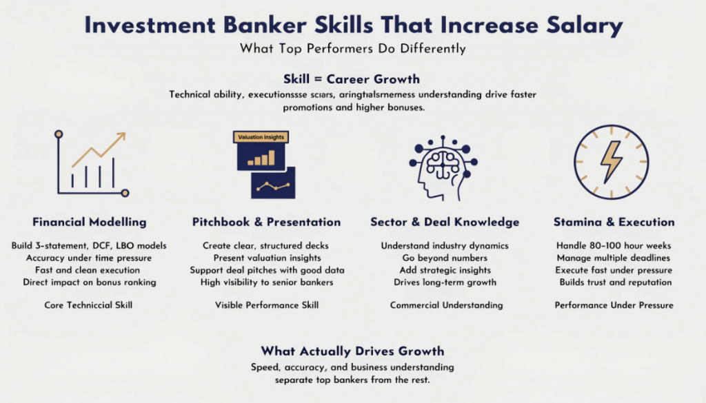 Infographic showing key skills required for investment bankers including financial modelling, presentation, sector knowledge and execution under pressure that drive salary growth.