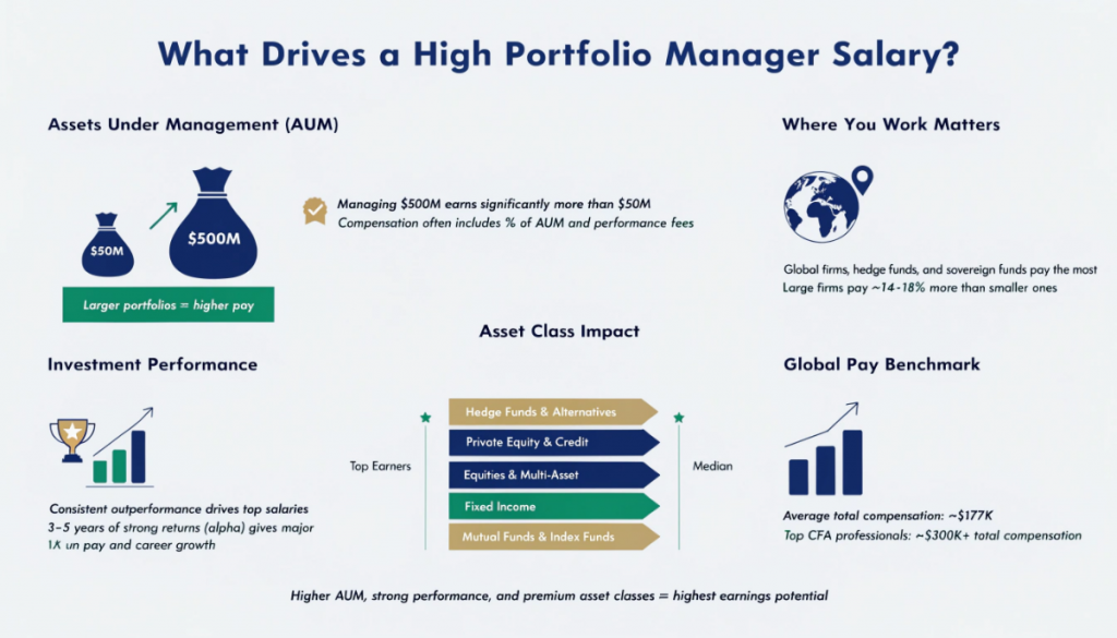 Key factors affecting portfolio manager salary including AUM, performance, asset class and firm size infographic