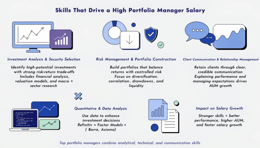 Core skills for portfolio managers infographic including investment analysis, risk management, client communication and data skills