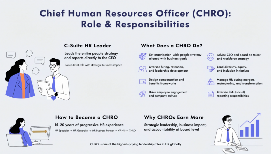 Chief Human Resources Officer role infographic showing responsibilities, career path and strategic leadership in HR