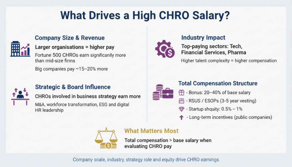 Factors affecting CHRO salary infographic including company size, industry, strategic role and variable compensation structure
