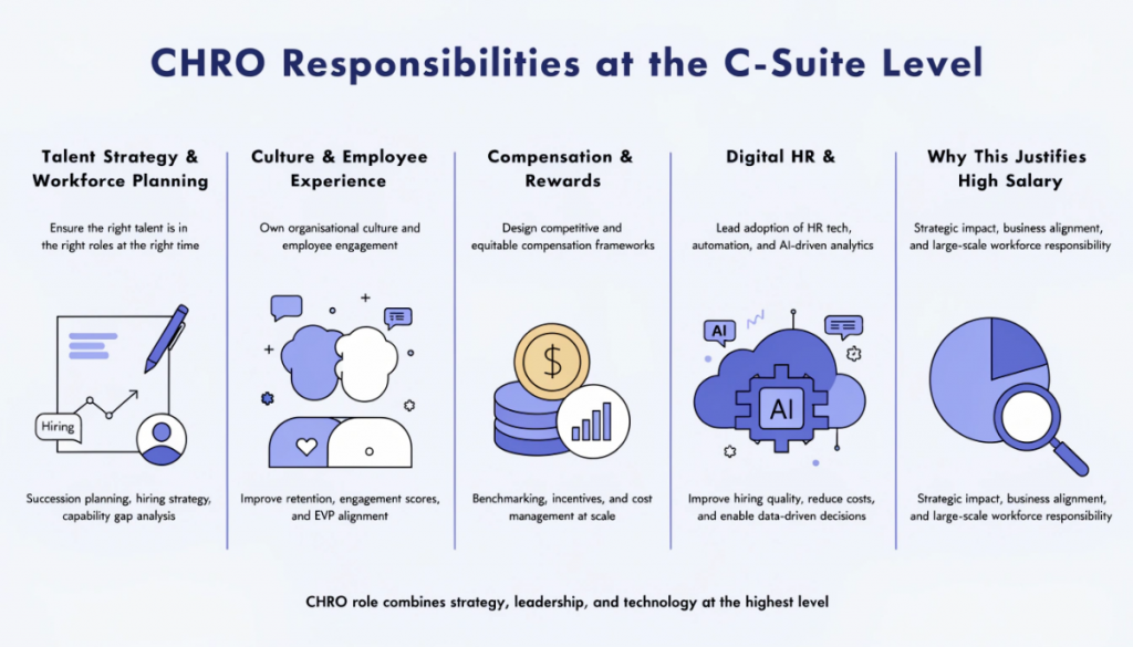 CHRO responsibilities infographic showing talent strategy, culture, compensation and digital HR transformation at executive level
