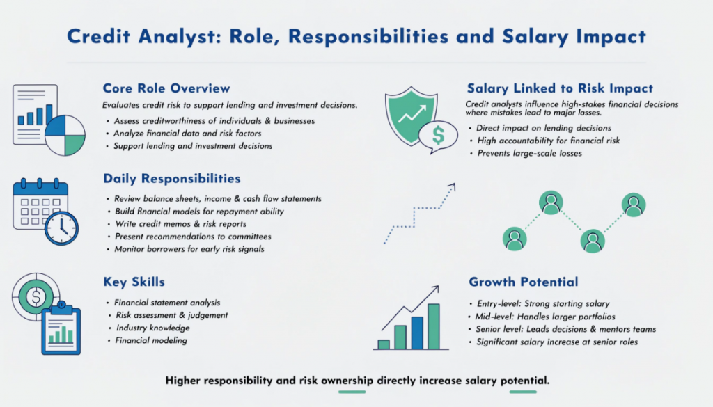 Infographic explaining credit analyst role, including responsibilities, required skills, risk impact, and how accountability and experience influence salary growth.