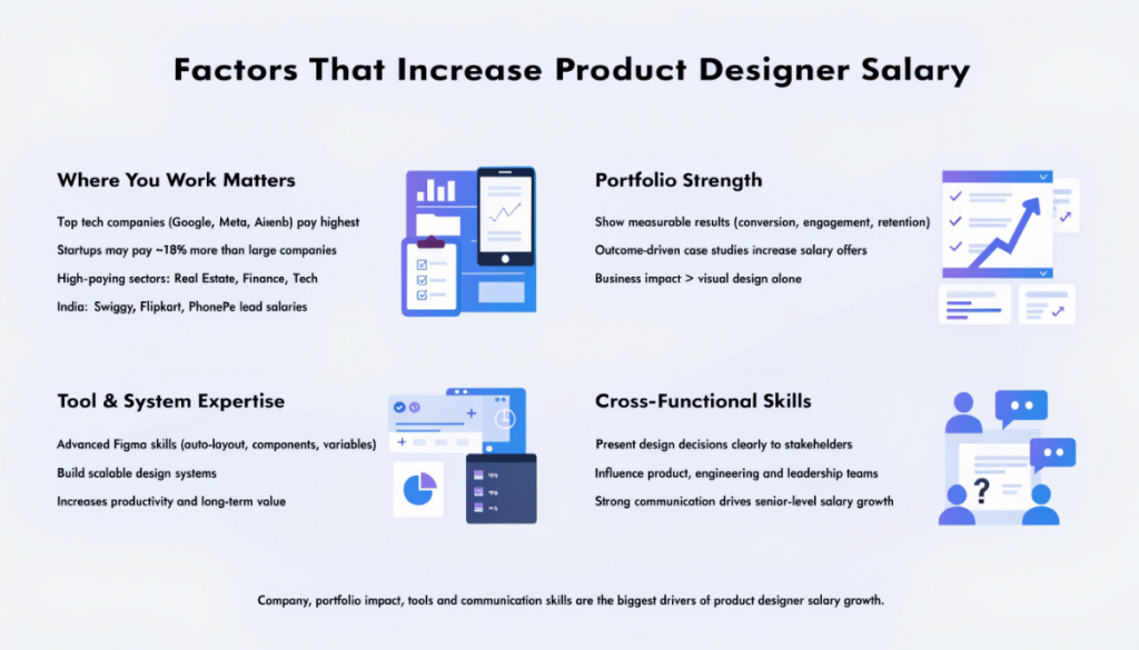 Infographic showing factors that increase product designer salary including company type, portfolio, design tools and communication skills