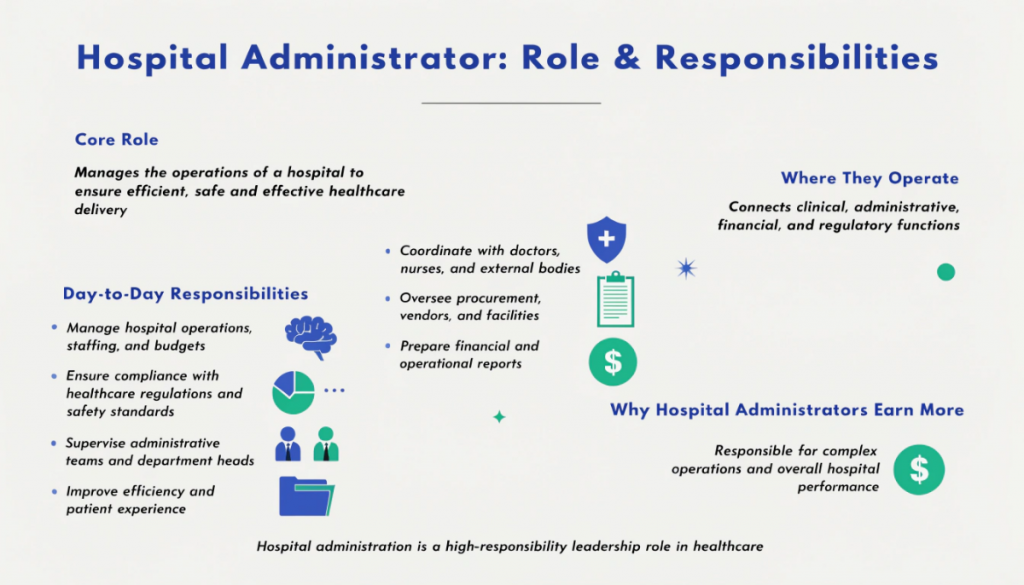 Hospital administrator role infographic showing responsibilities, operations management and healthcare leadership functions