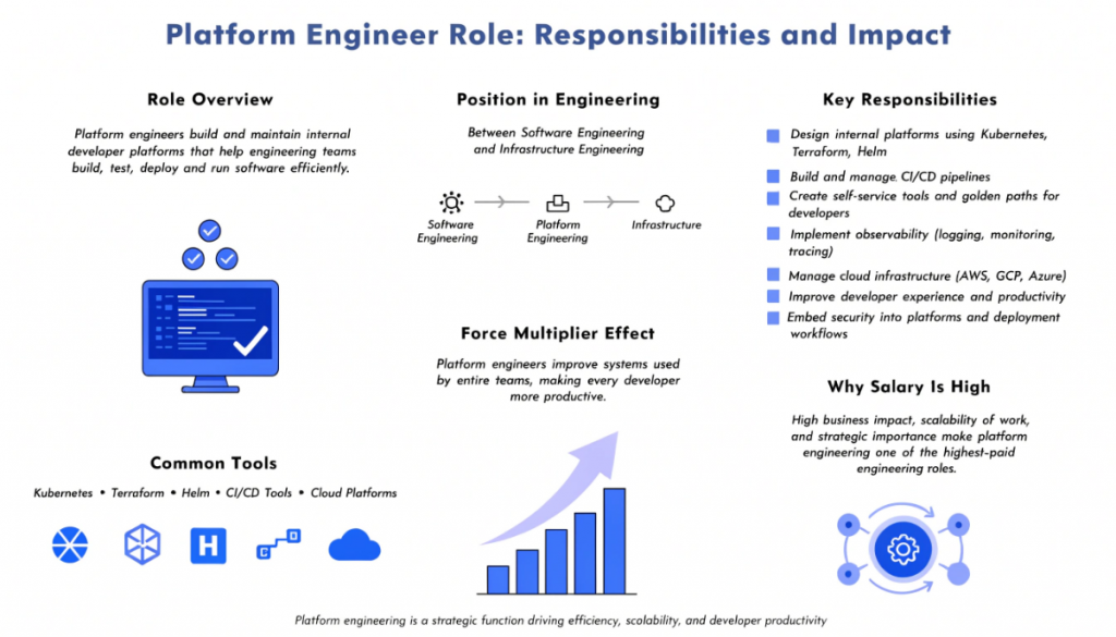 Platform engineer role diagram showing internal developer platform CI CD pipelines cloud infrastructure and developer productivity