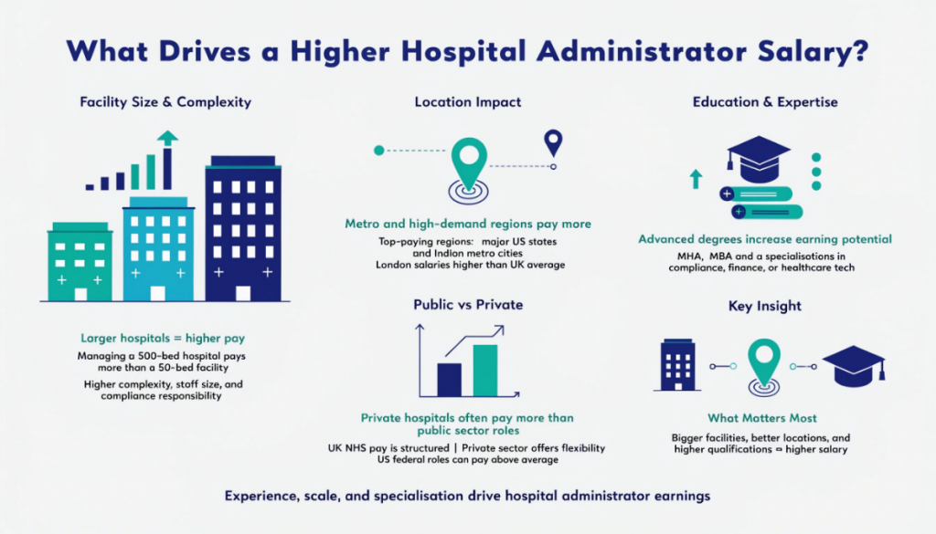 Factors affecting hospital administrator salary infographic including facility size location sector and education impact in healthcare careers