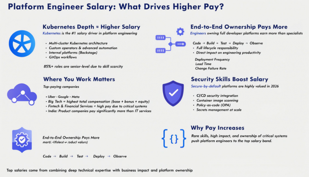 Platform engineer salary growth factors showing Kubernetes expertise company type and platform ownership impact