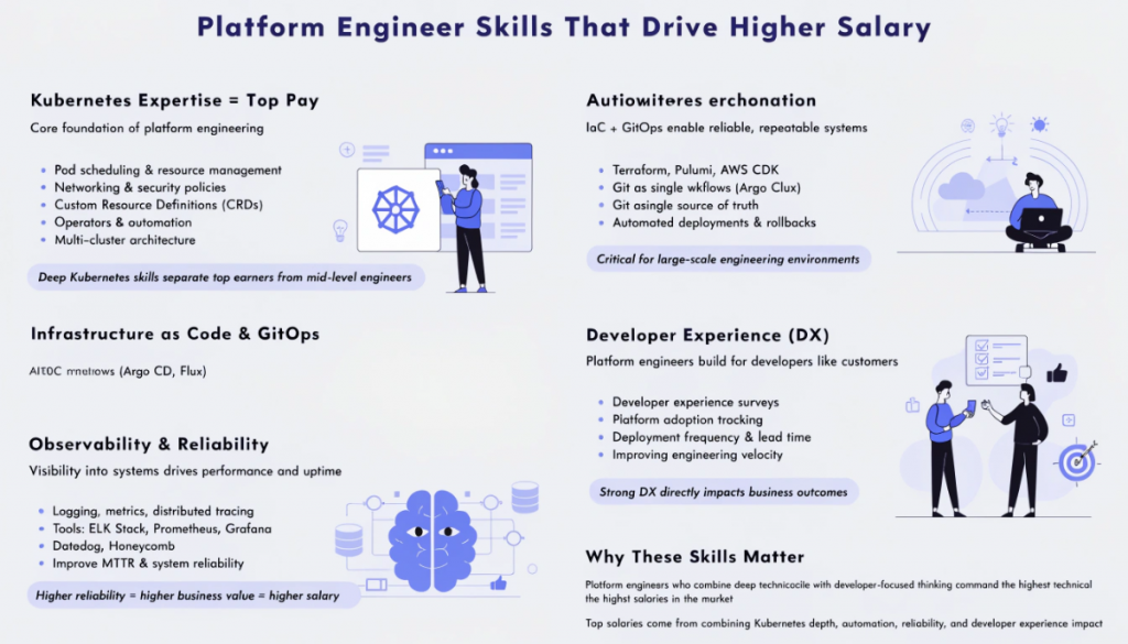 Platform engineering skills infographic showing Kubernetes infrastructure as code observability and developer experience