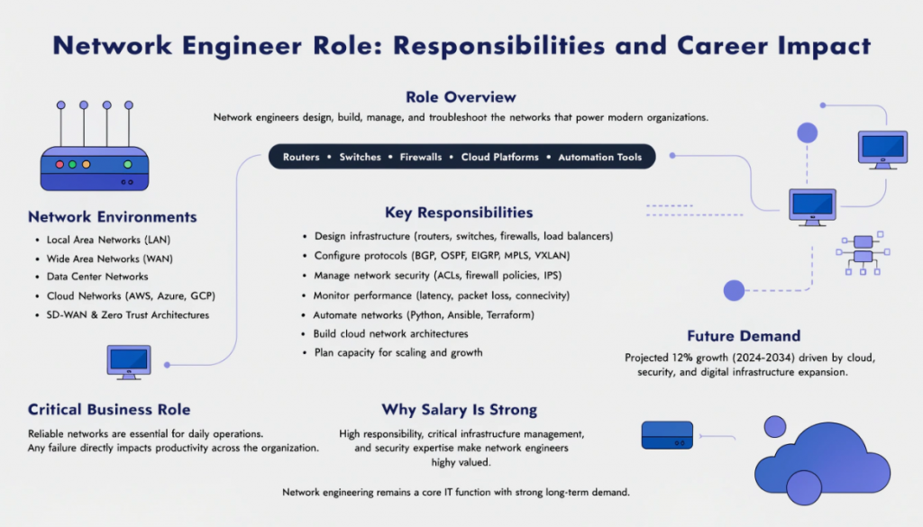 Network engineer role infographic showing network infrastructure cloud systems and high demand IT career
