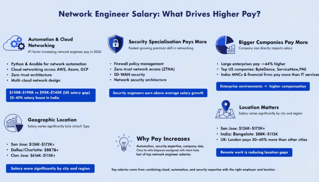 Network engineer salary growth factors infographic showing automation skills security expertise employer size and location impact