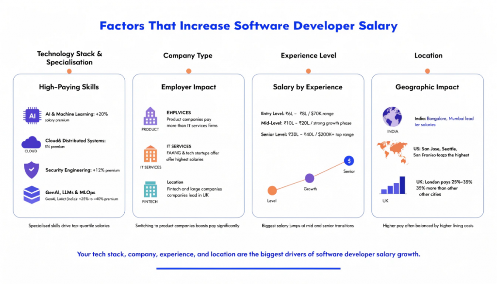 Infographic showing factors that increase software developer salary including skills, company type, experience, and location