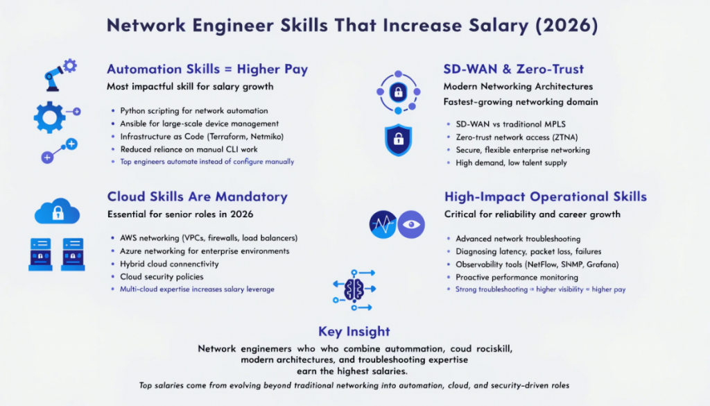 Network engineer skills infographic showing automation cloud networking SD WAN and troubleshooting expertise