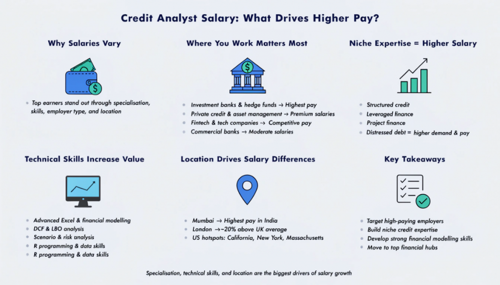 Infographic showing factors that influence credit analyst salary, including employer type, credit specialisation, financial modelling skills, and location-based salary differences.